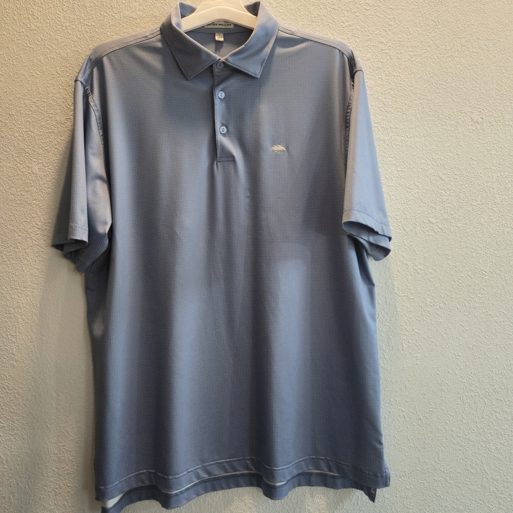 Peter Millar Sky Blue Polo Shirt Tiny Polka Dots Size Large.‎ Flawed See
